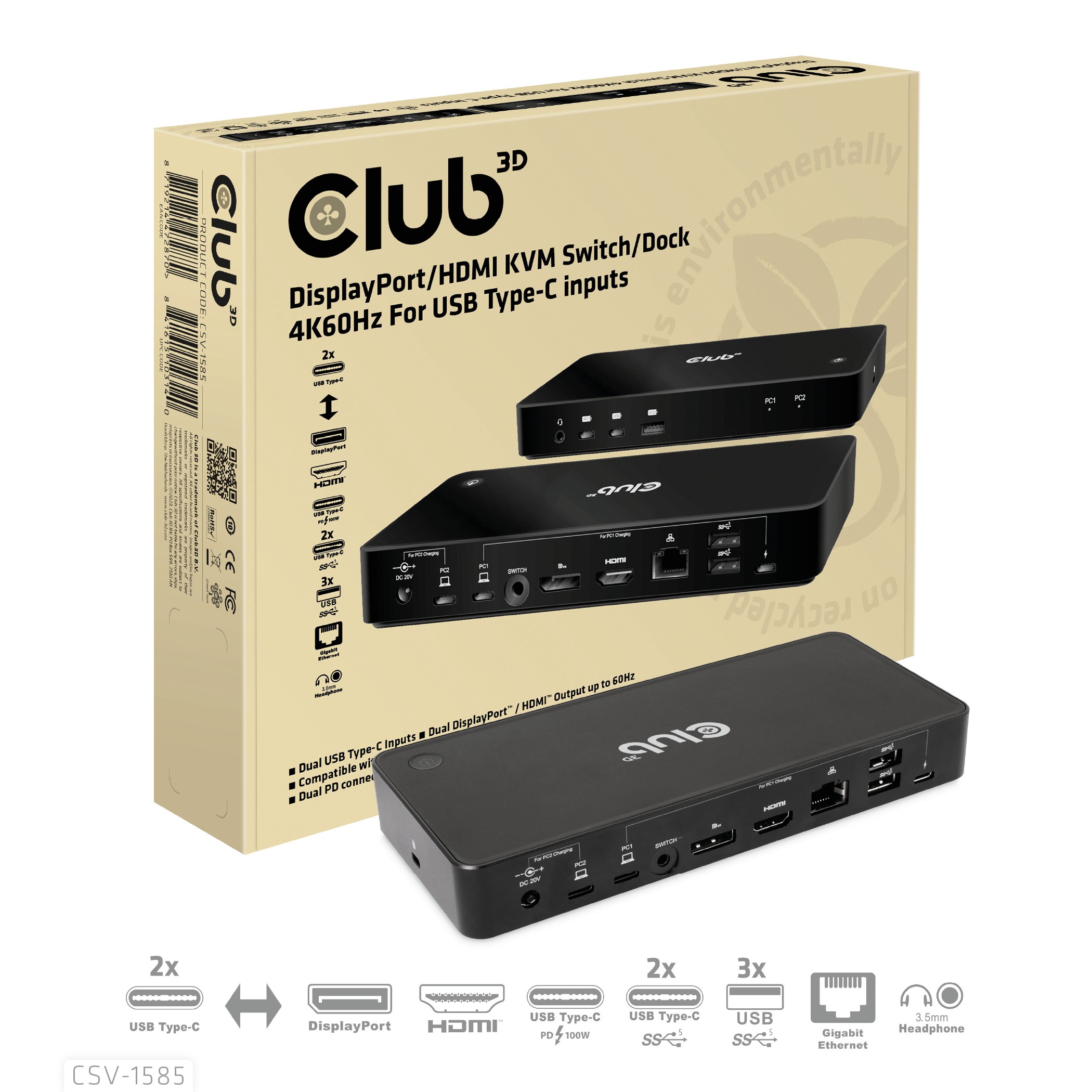 CLUB3D DisplayPort/HDMI KVM Switch/Dock 4K60Hz For USB Type-C inputs -