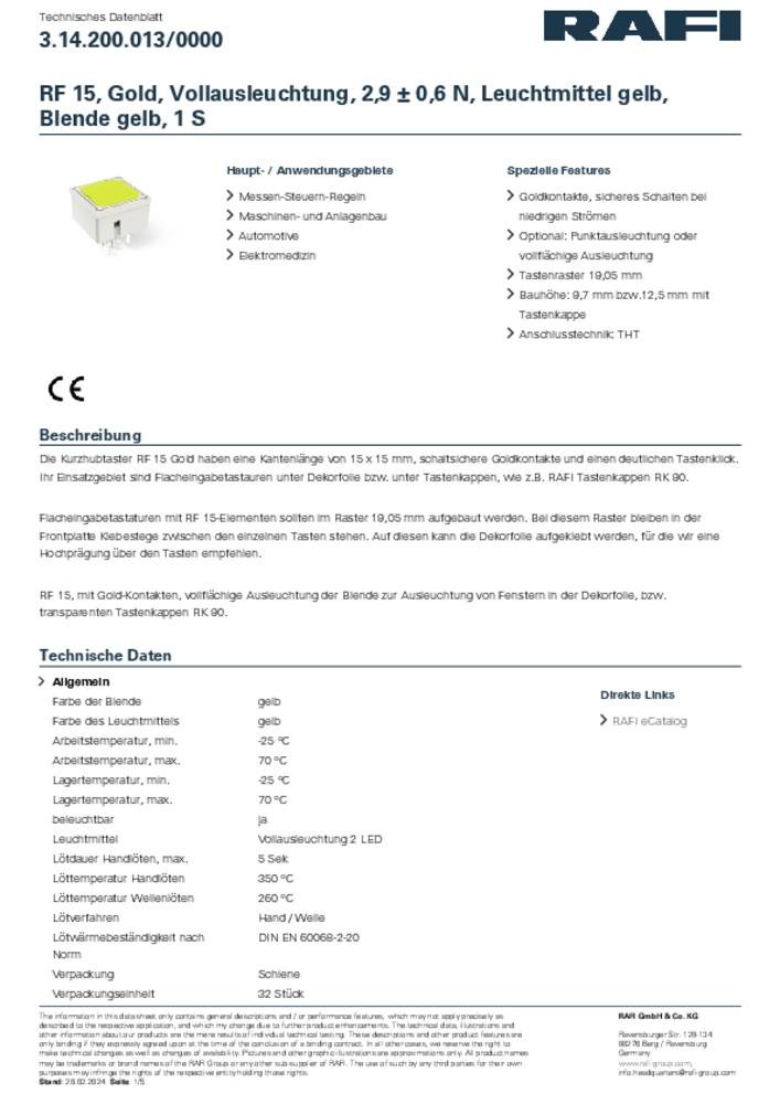 RAFI Yellow Momentary Tactile Switch, 1 NO 100mA 15mm PCB - RAFI