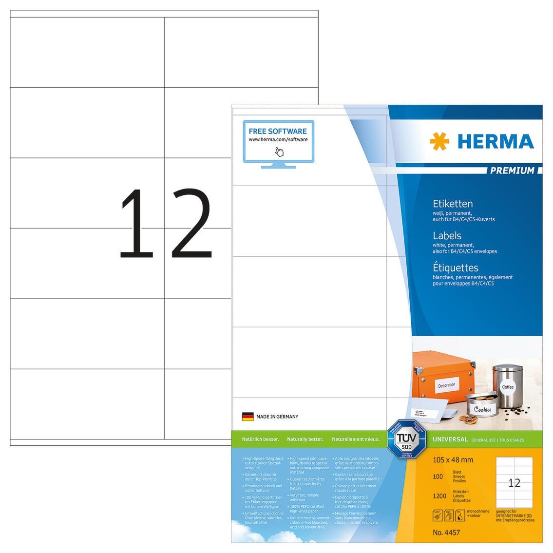 HERMA 4457 etiqueta autoadhesiva Rectángulo Permanente Blanco 1200