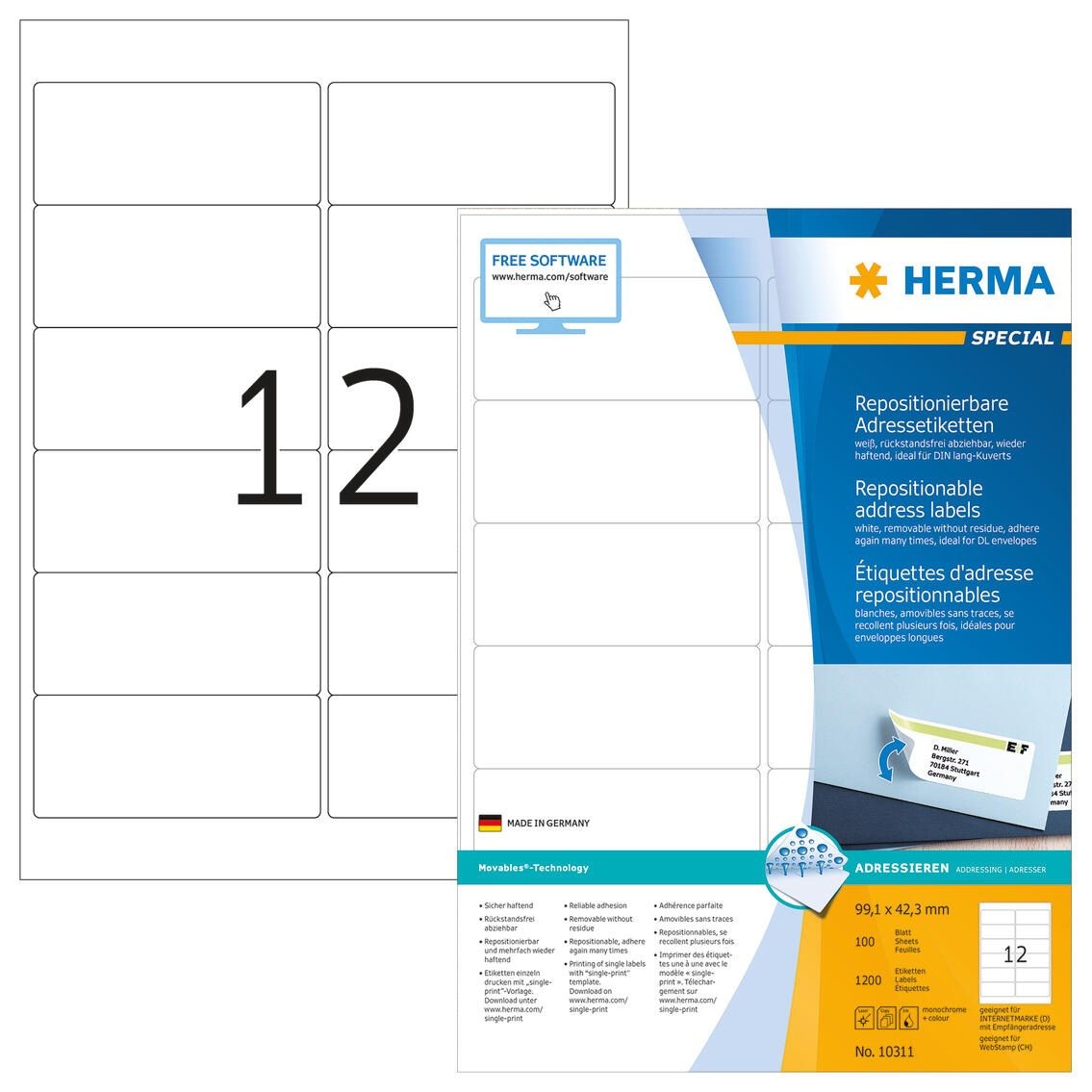 HERMA Repositionable address labels A4 99.1x42.3 mm white Movables