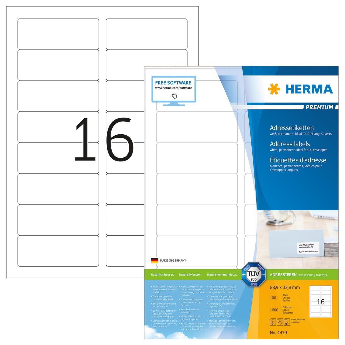 HERMA Address labels Premium A4 88.9x33.8 mm white paper matt 1600