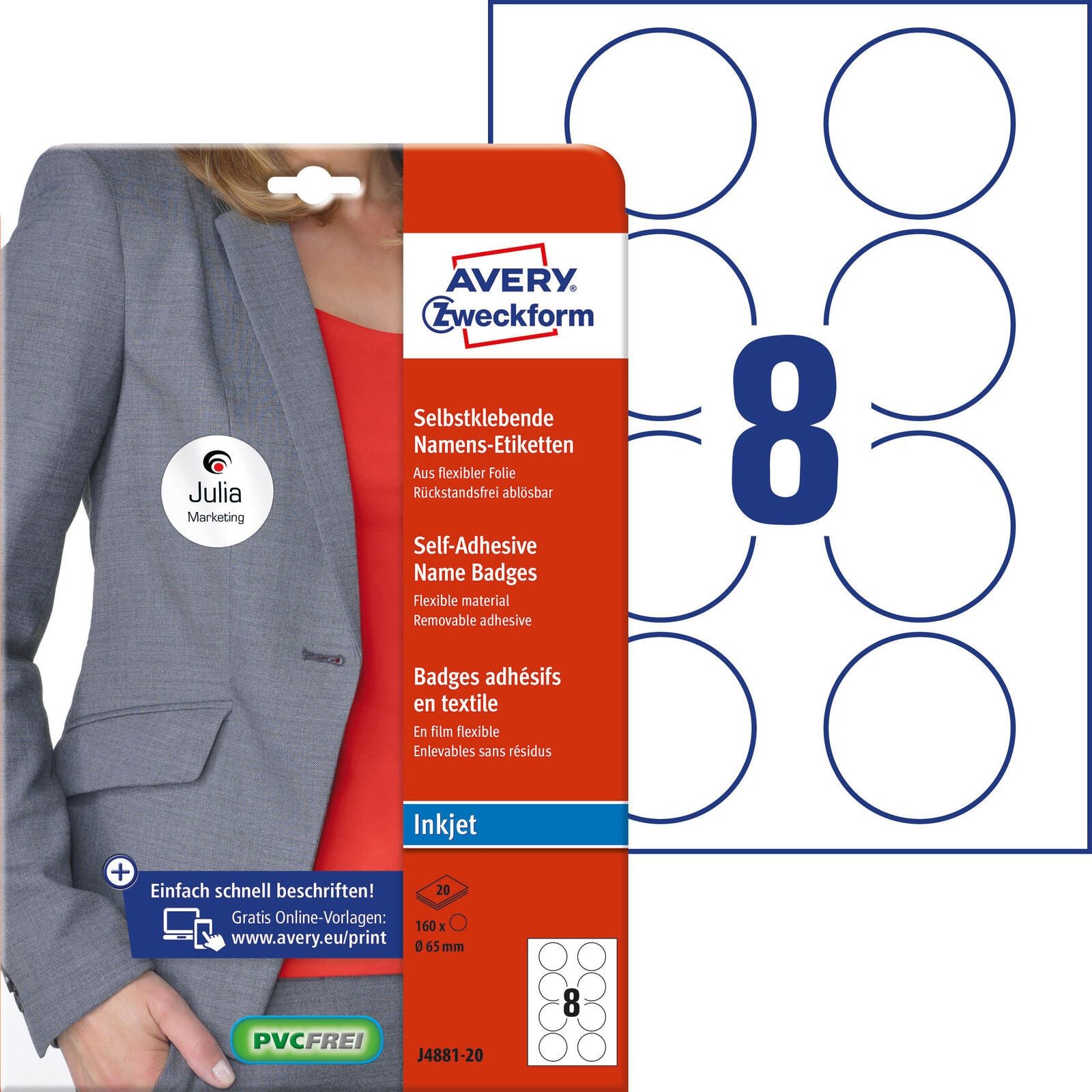 Avery-Zweckform J4881-20 Namensschild (B x H) 65mm x 65mm 160St.