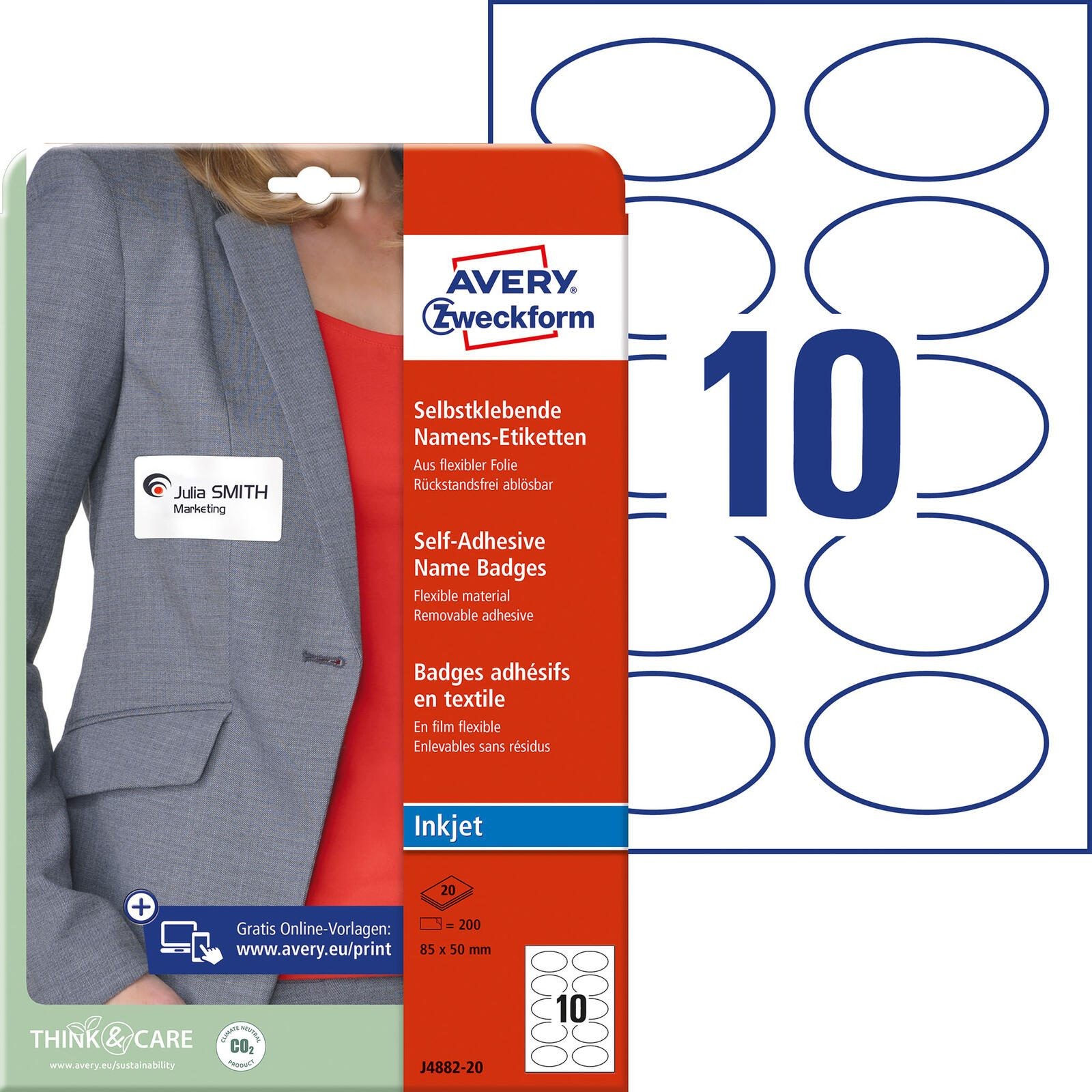 Avery-Zweckform J4882-20 Namensschild (B x H) 85mm x 50mm 200St.