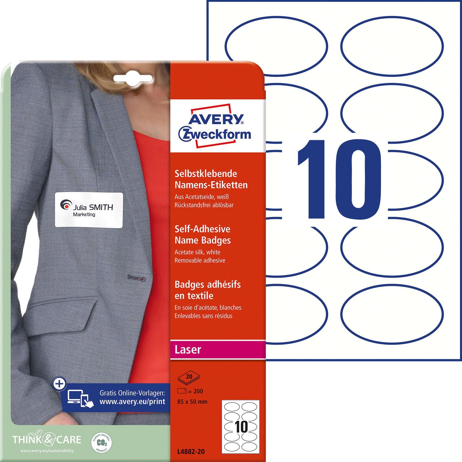 Avery L4882-20 etiqueta autoadhesiva Ovalado Desmontable Blanco 200