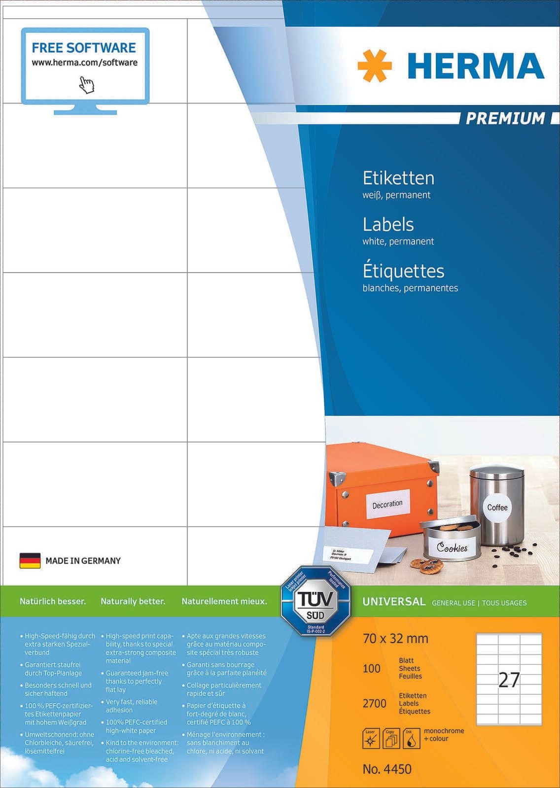 HERMA Labels Premium A4 70x32 mm white paper matt 2700 pcs. - HERMA