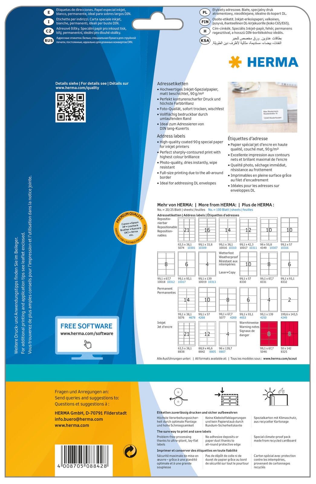 HERMA Inkjet address labels A4 88.9x46.6 mm white paper matt 300 pcs.