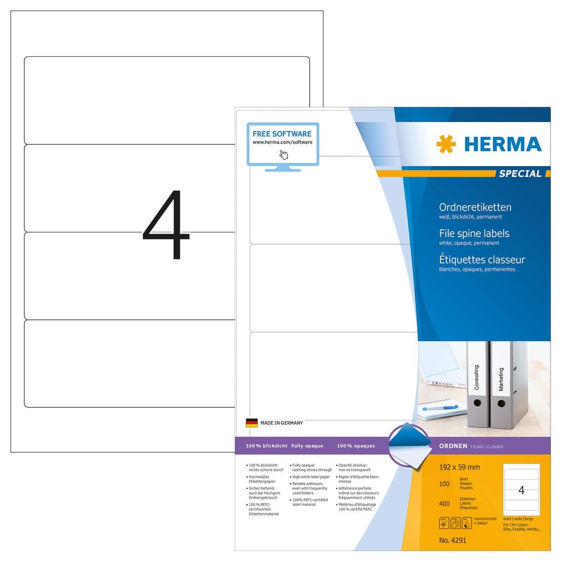 HERMA Étiquettes classeur A4 192x59 mm, blanches, papier mat,