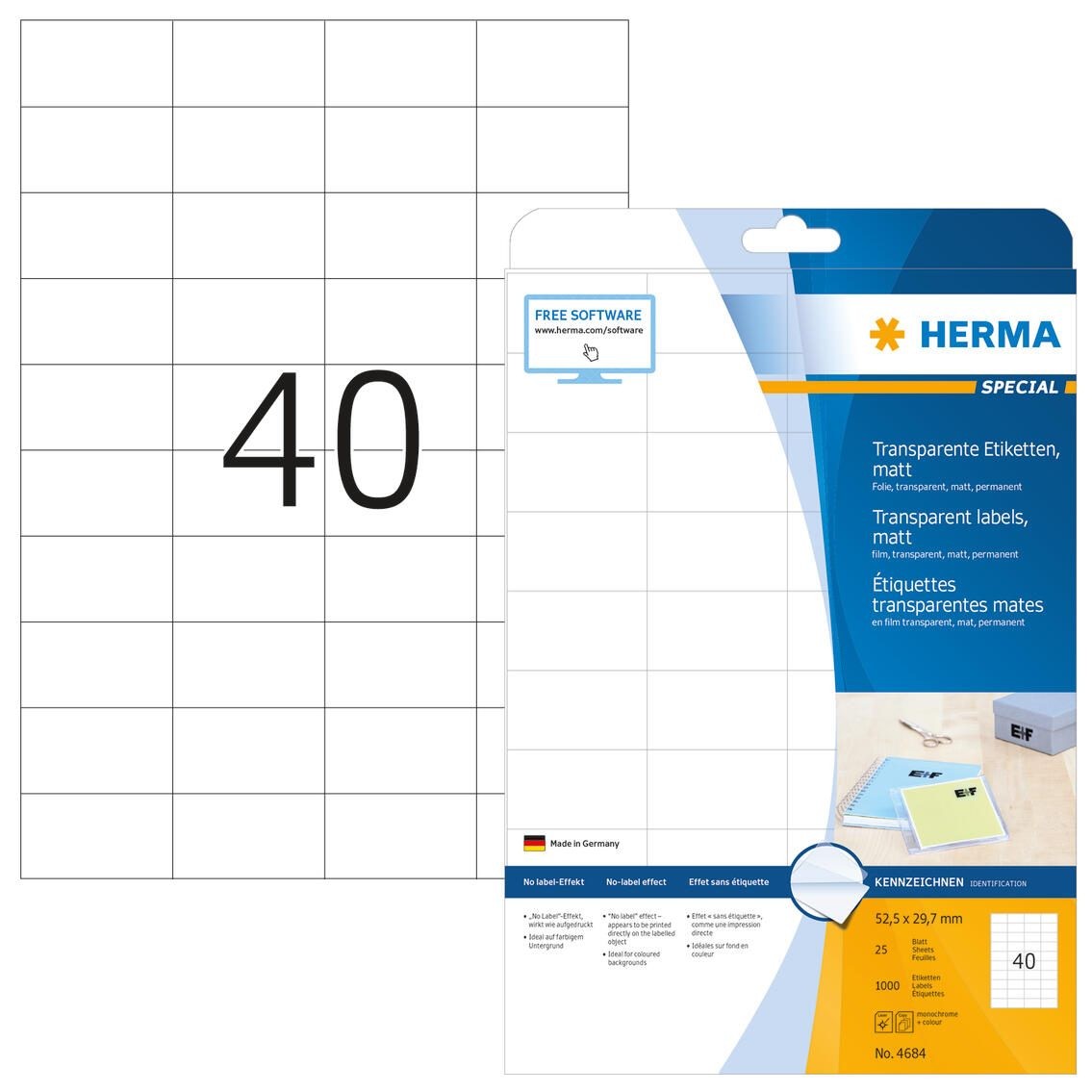 HERMA Labels transparent matt A4 52.5x29.7 mm film 1000 pcs. - HERMA