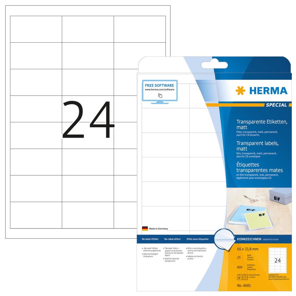 HERMA Labels transparent matt A4 66x33.8 mm film 600 pcs. - HERMA