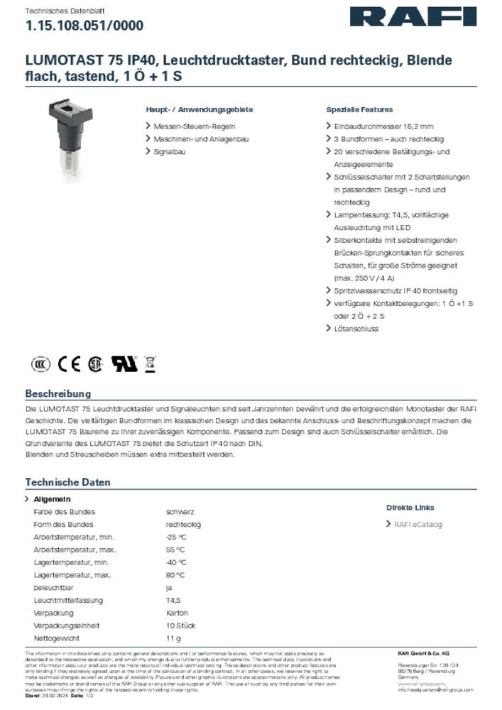 RAFI Illuminated Push Button Switch, Momentary, Panel Mount, 16.2mm