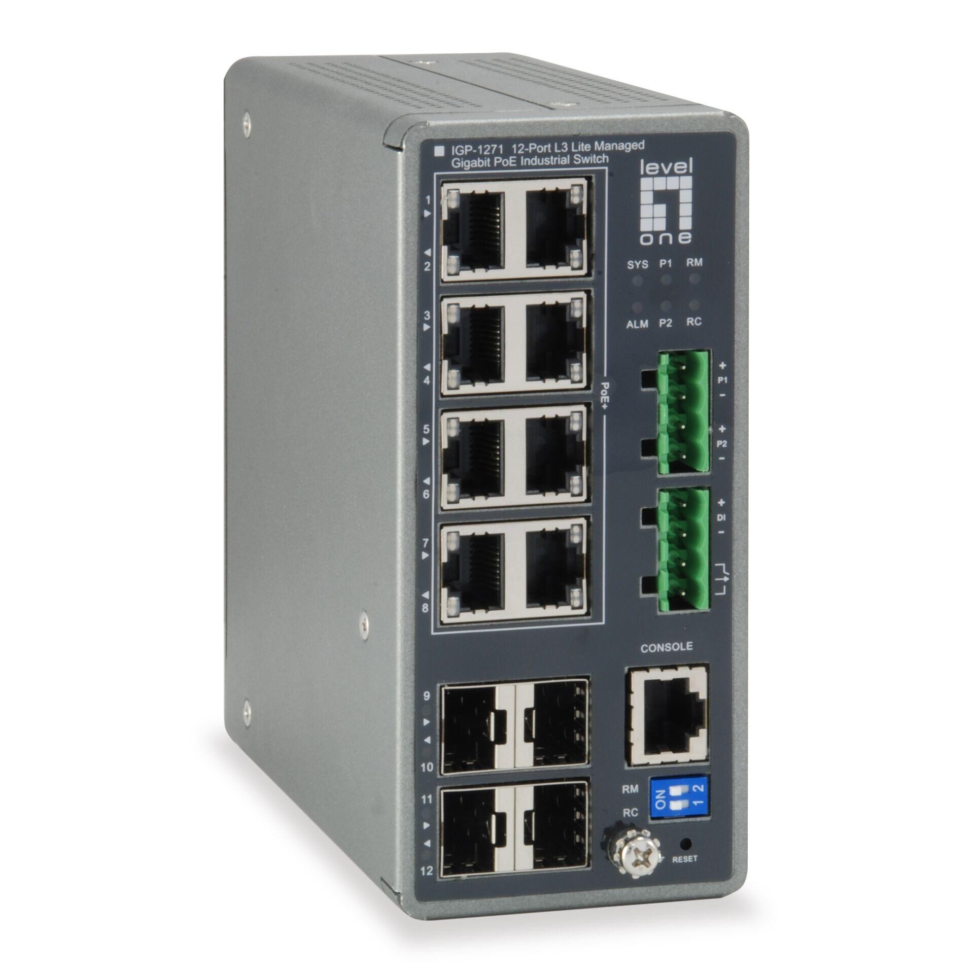 LevelOne TURING 12-Port L3 Lite Managed Gigabit Industrial Switch, 8