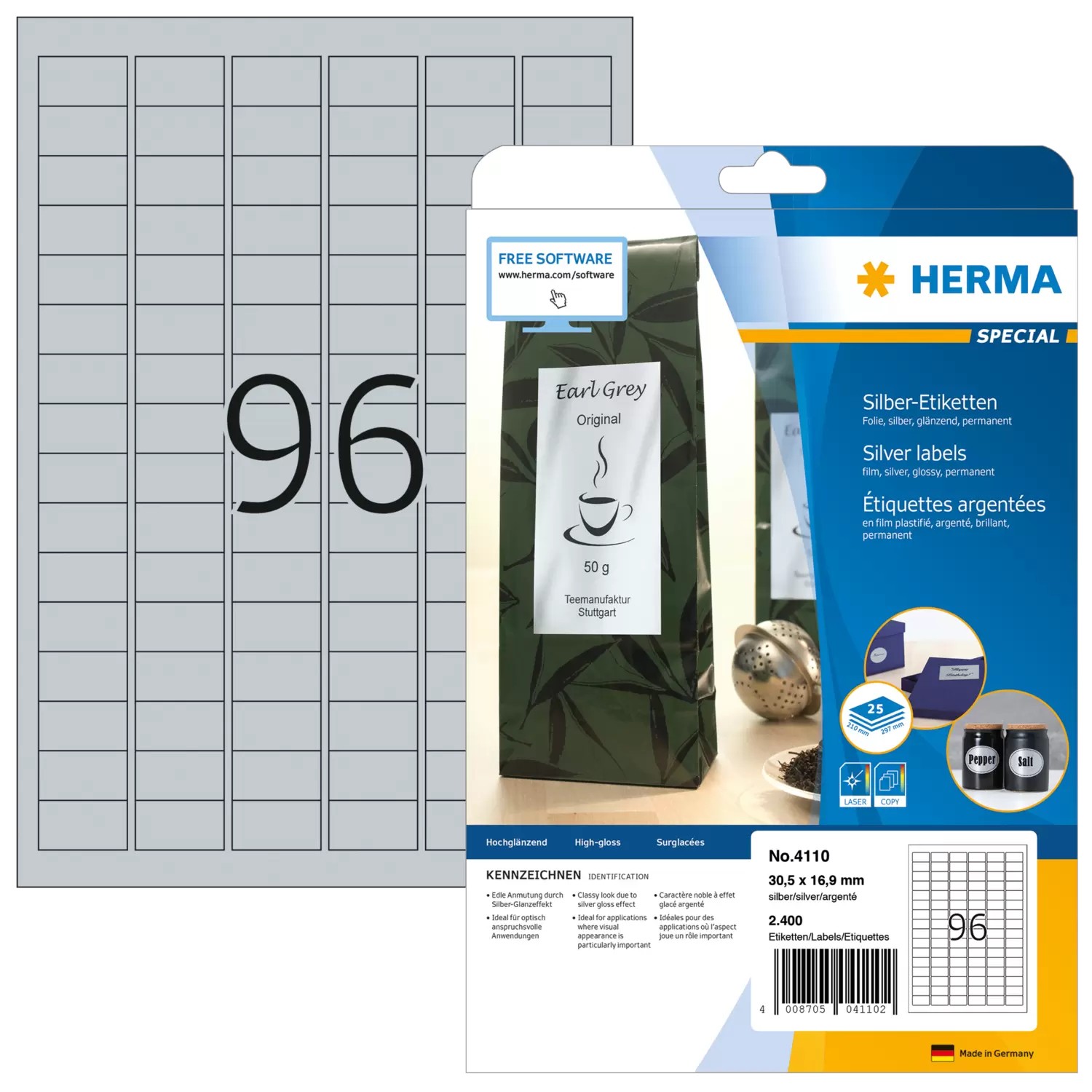 HERMA Labels A4 30.5x16.9 mm silver film glossy 2400 pcs. - HERMA