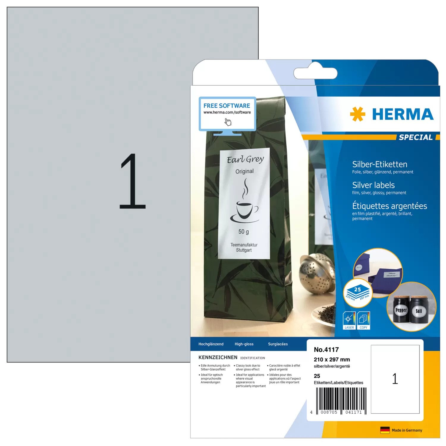 HERMA Labels A4 210x297 mm silver film glossy 25 pcs. - HERMA Labels