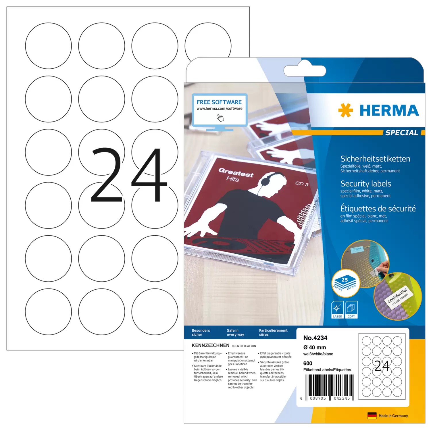 HERMA Security labels A4 Ø 40 mm round white extra strong adhesion