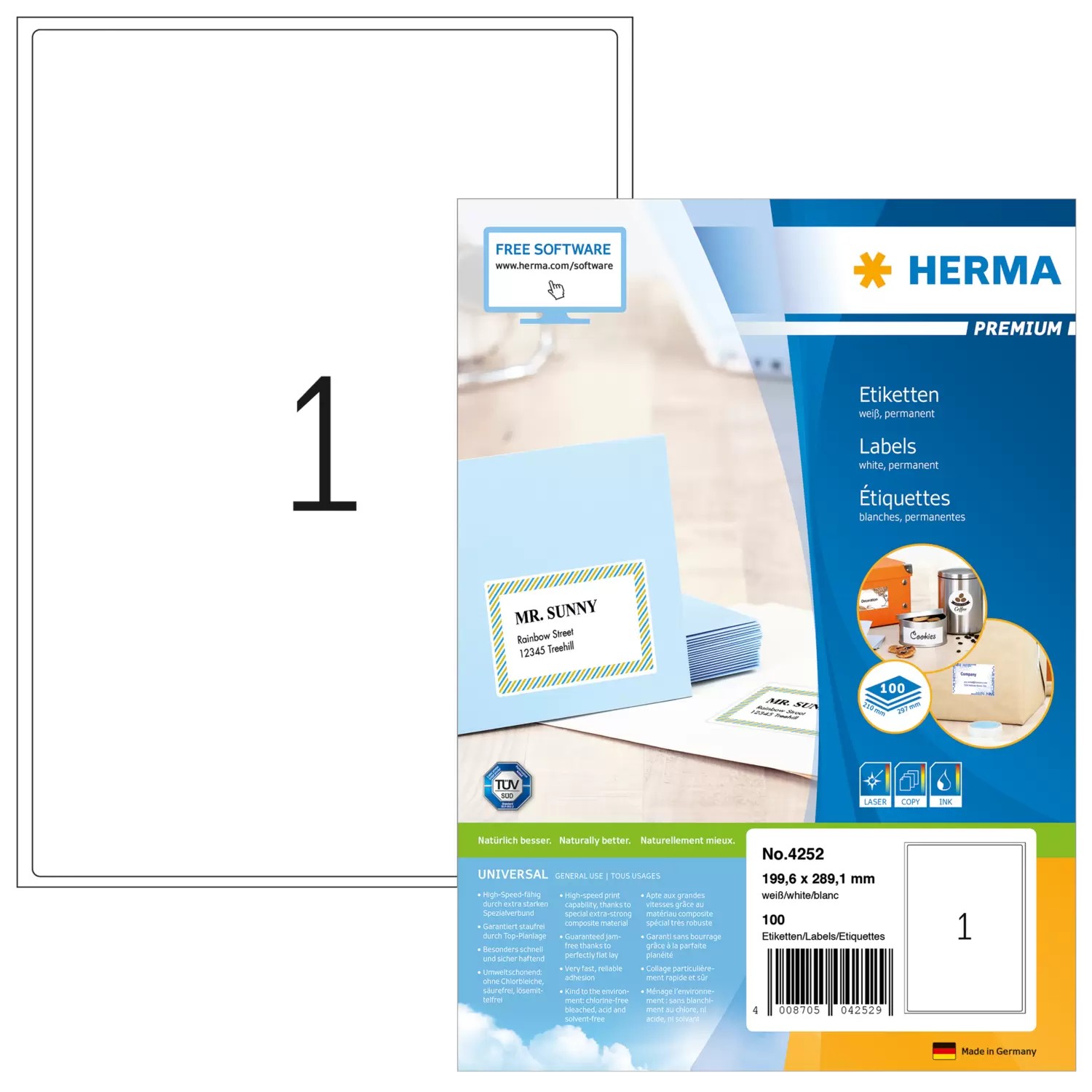 HERMA Address labels Premium A4 199.6x289.1 mm white paper matt 100