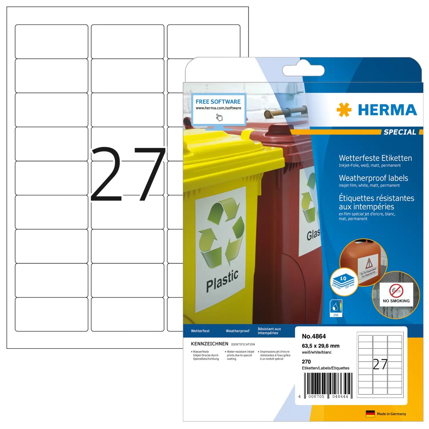 HERMA Inkjet-Etik. A4 weiß 63,5x29,6 mm wetterfest 270 St.