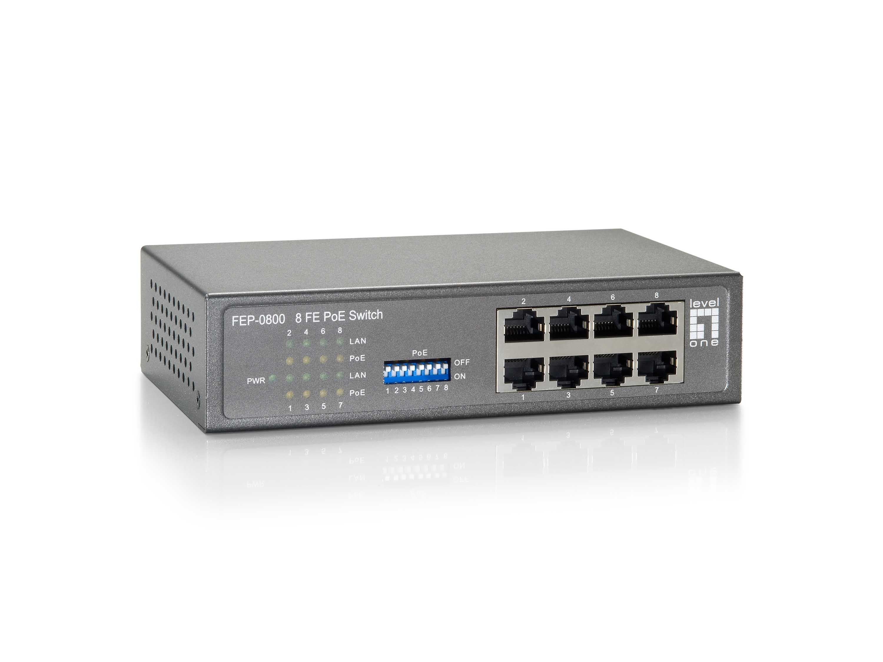 LevelOne 8-Port Fast Ethernet PoE Switch, 8 PoE Outputs, 90W -