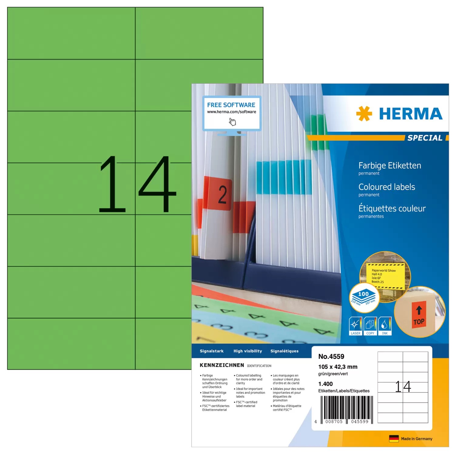 HERMA Etiketten A4 grün 105x42,3mm Papier matt 1400 St.