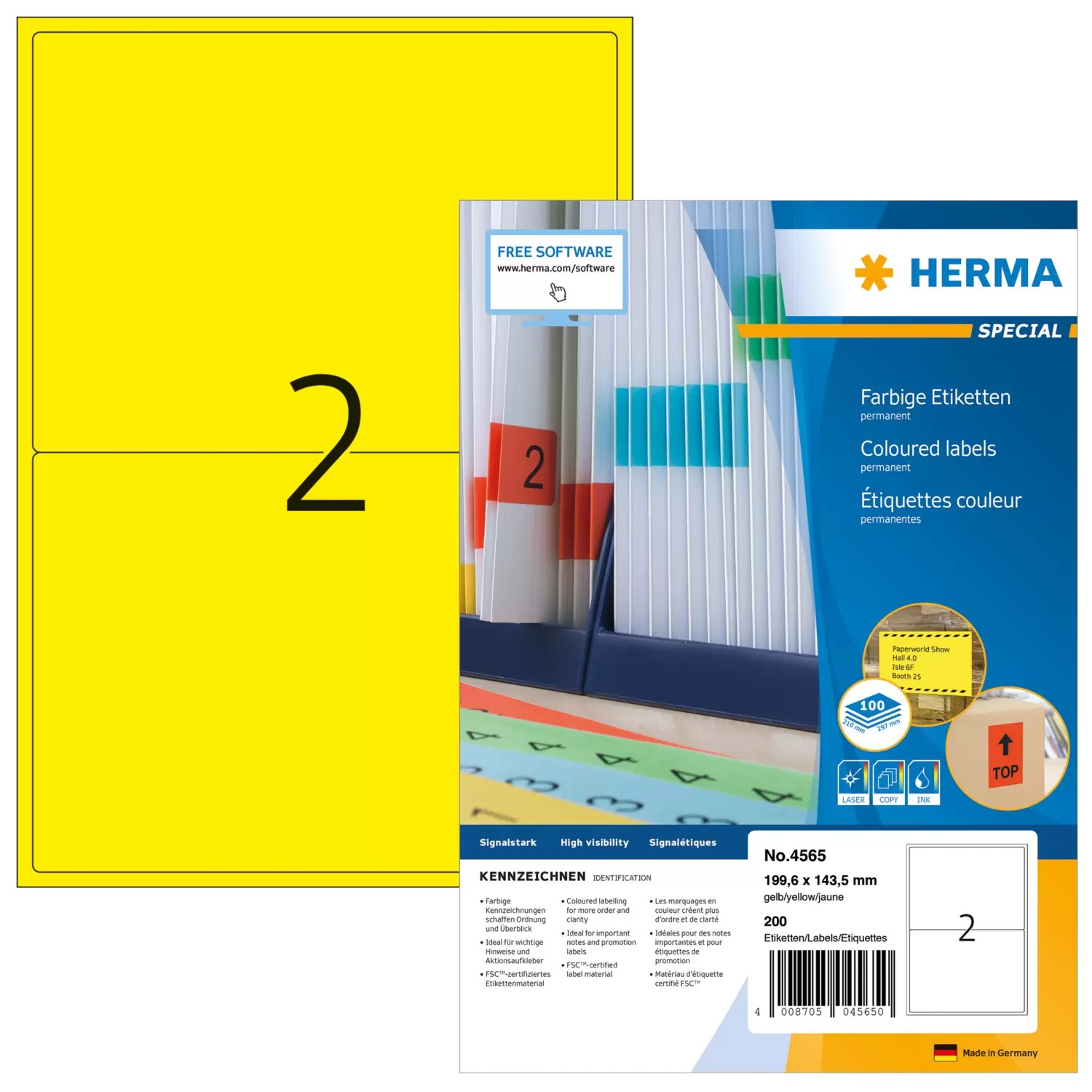 HERMA 4565 étiquette auto-collante Rectangle Jaune 200 pièce(s) -