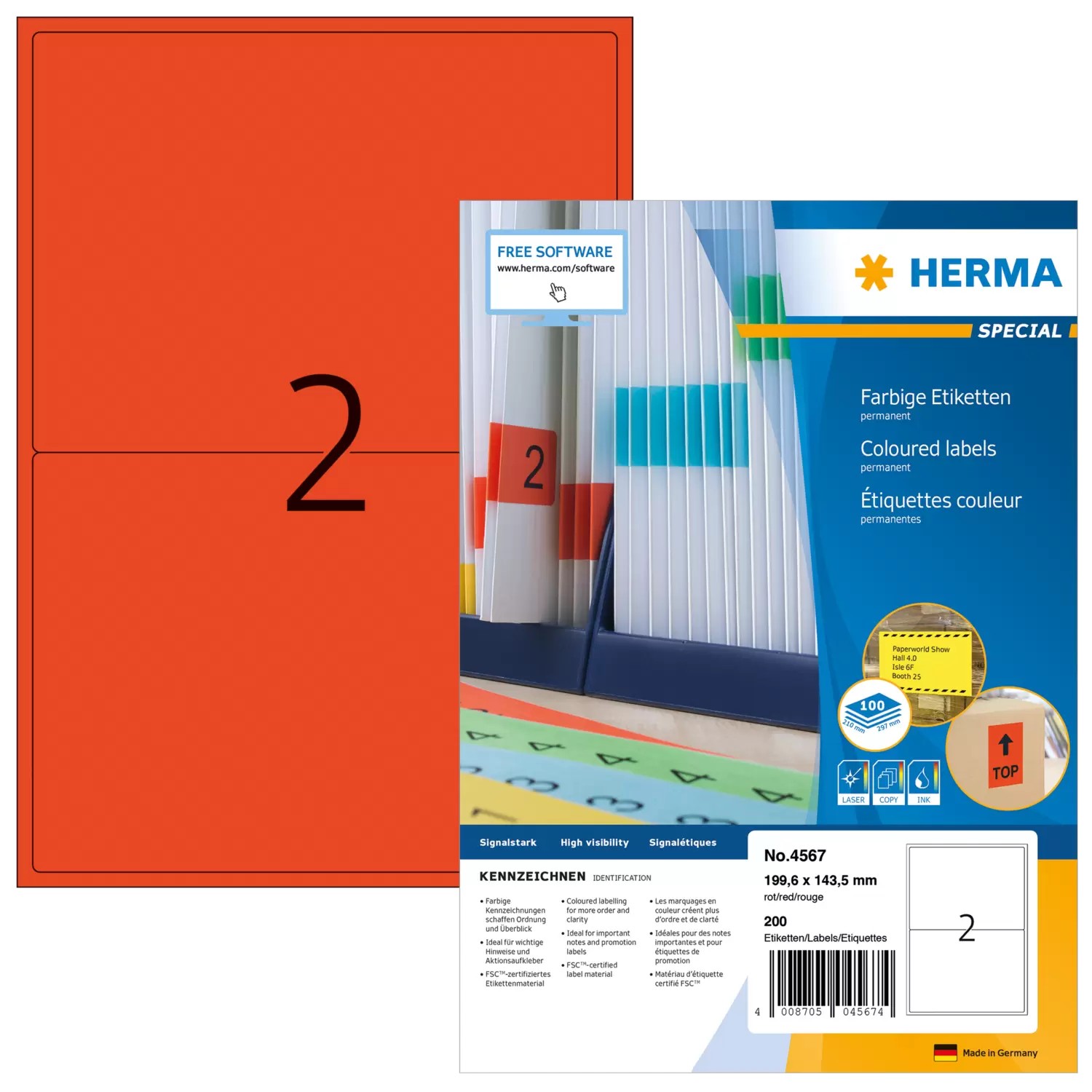 HERMA 4567 self-adhesive label Rectangle Red 200 pc(s) - HERMA 4567,
