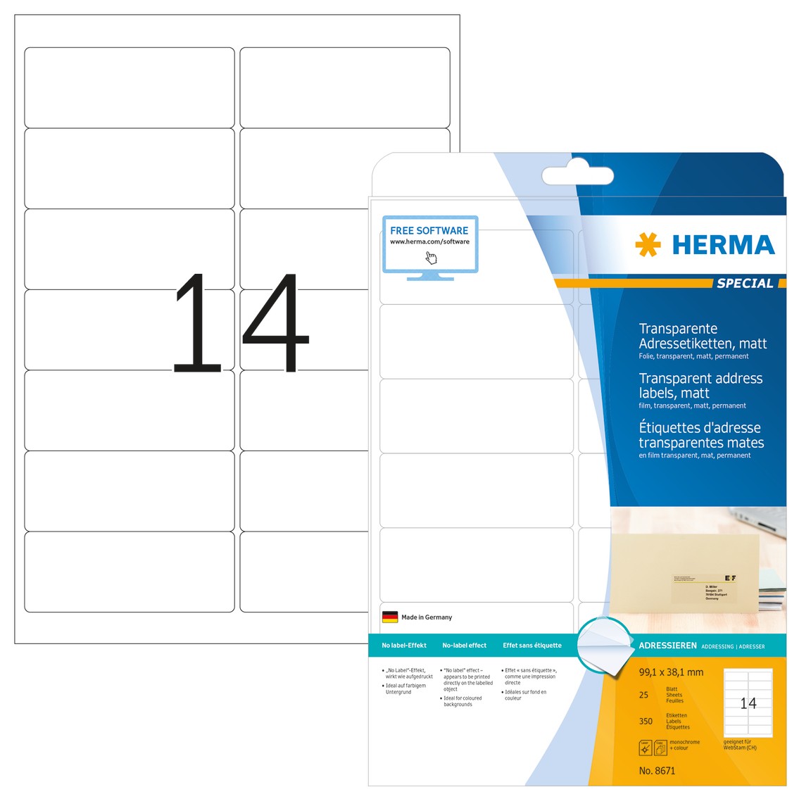 HERMA Etiketten transp. matt A4 99,1x38,1 mm Folie 350 St.