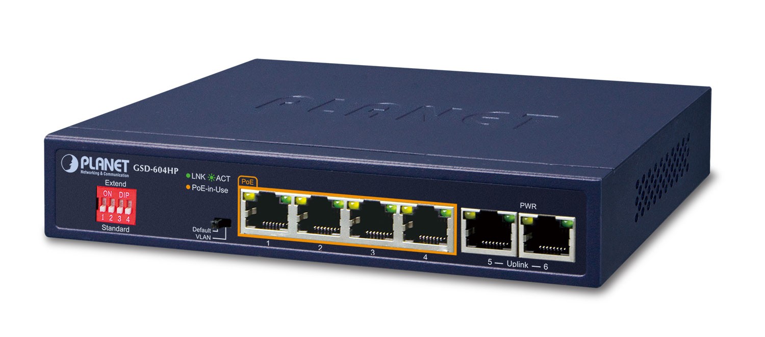 PLANET 4-Port 10/100/1000T 802.3at PoE + 2-Port