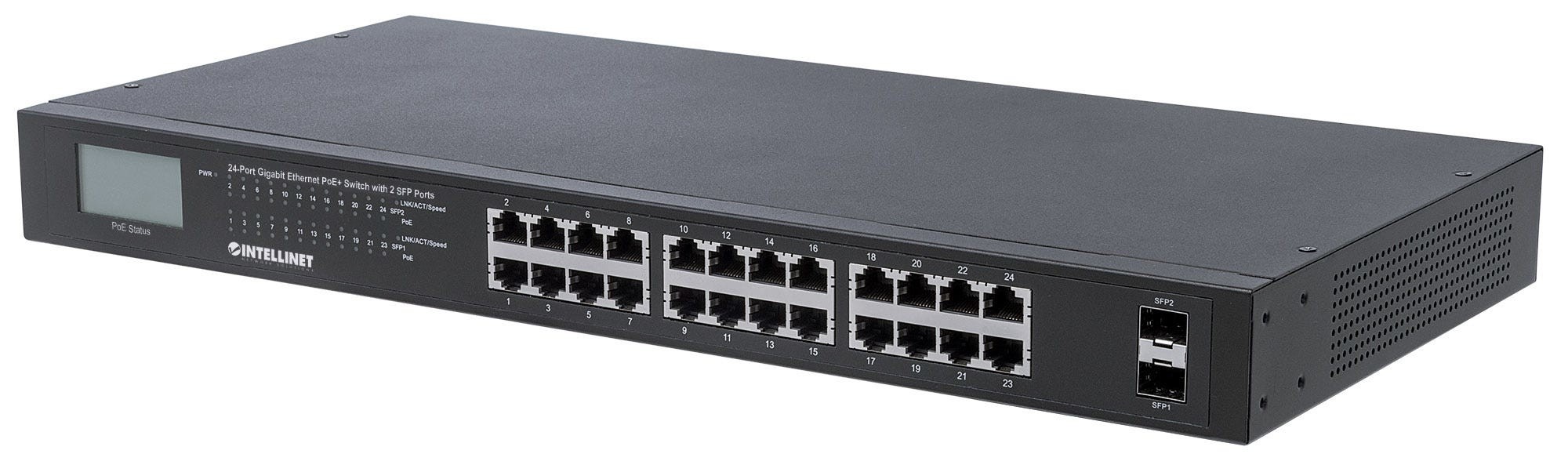 Intellinet 24-Port Gigabit Ethernet PoE+ Switch with 2 SFP Ports, LCD