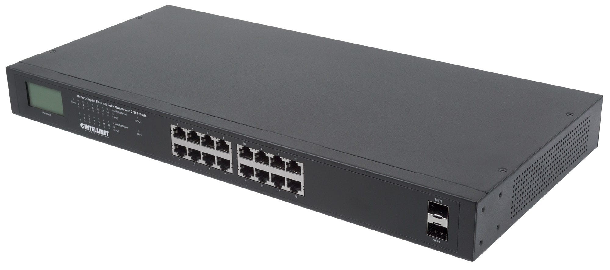 Intellinet 16-Port Gigabit Ethernet PoE+ Switch with 2 SFP Ports, LCD
