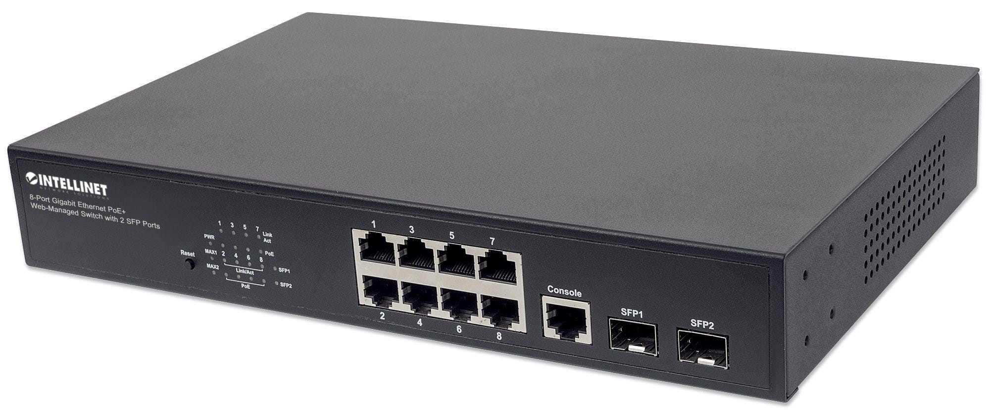 Intellinet 8-Port Gigabit Ethernet PoE+ Web-Managed Switch with 2 SFP