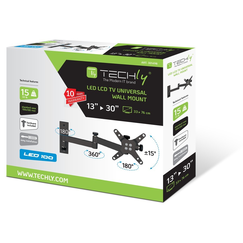 Techly 13-30" Wall Bracket for LED LCD TV Tilt 3 Joints Black" ICA-