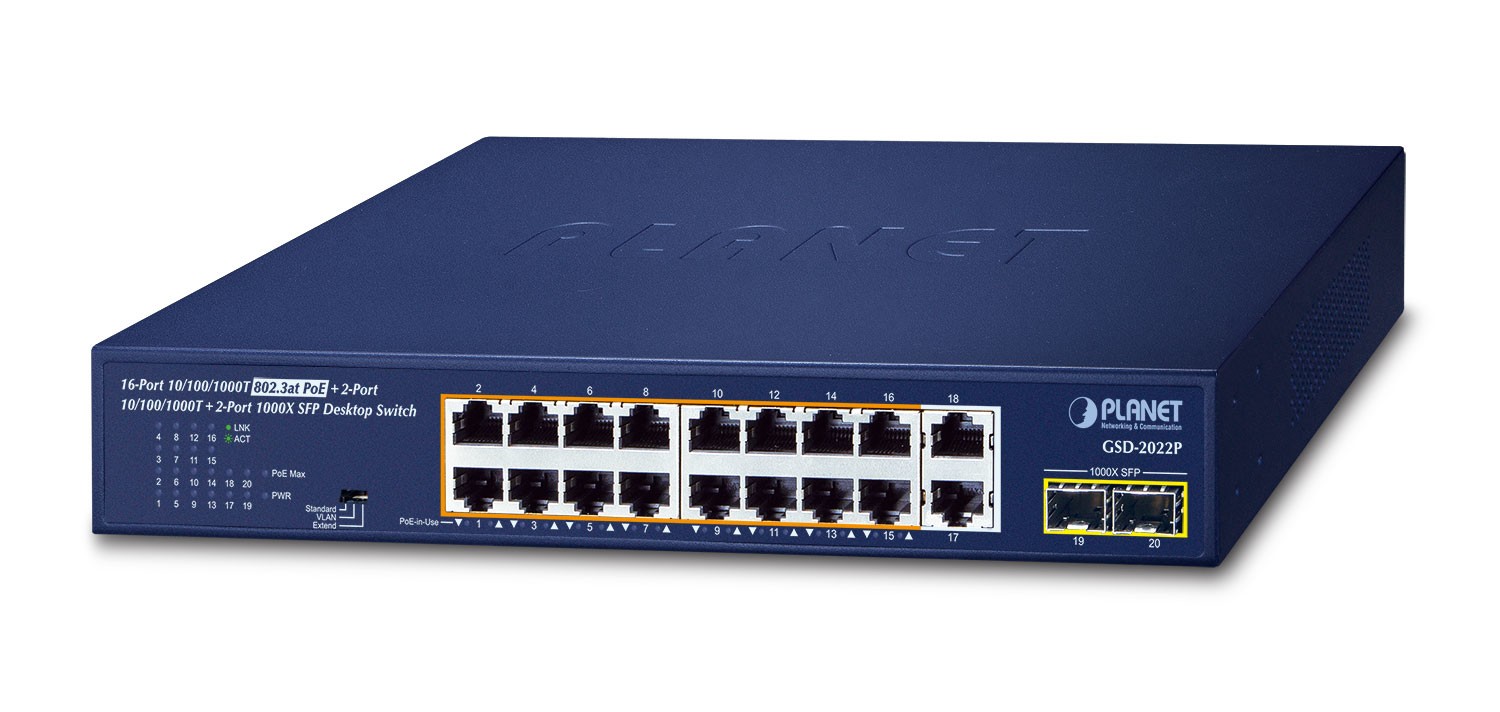 PLANET 16-Port 10/100/1000T 802.3at Unmanaged Gigabit Ethernet (10/