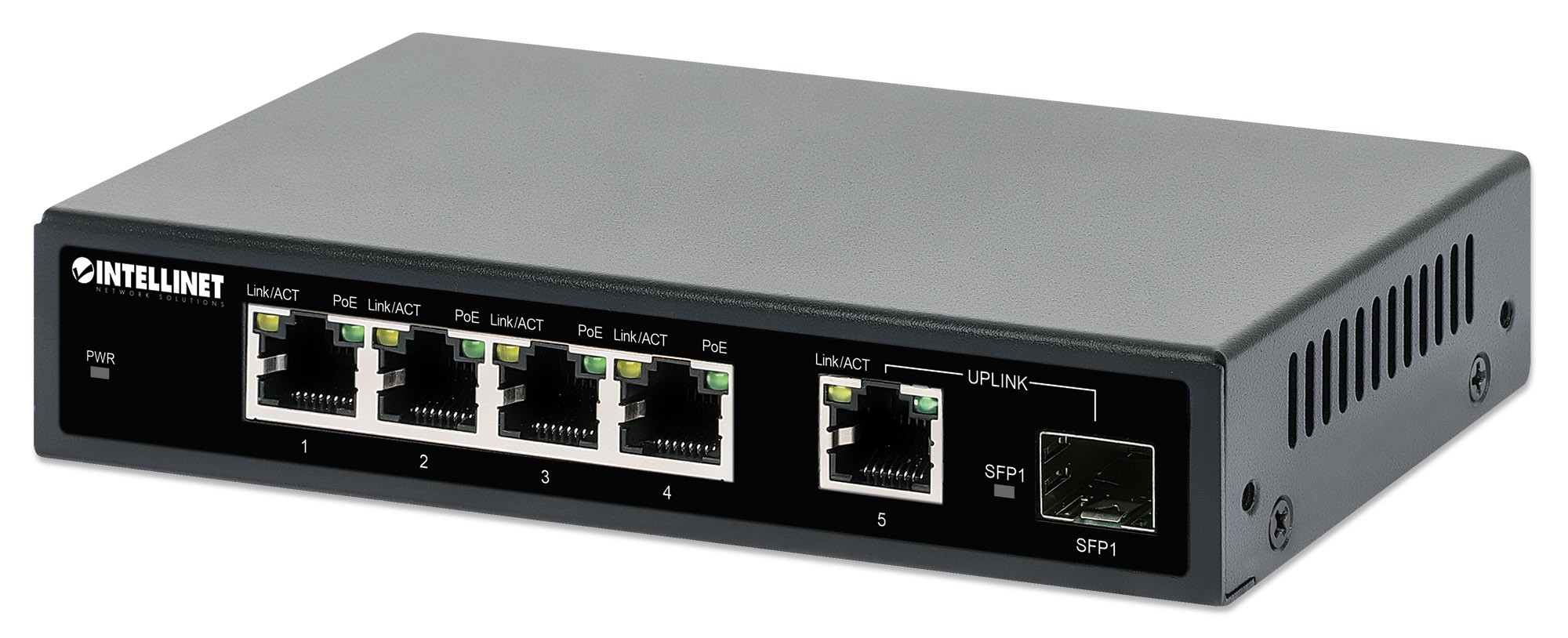 Intellinet 5-Port Gigabit Ethernet PoE+ Switch with SFP Port, Four