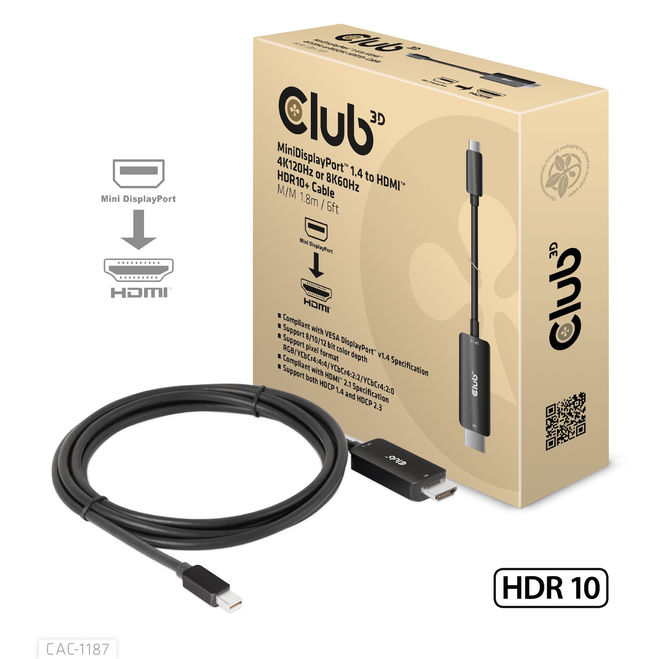 CLUB3D CAC-1187 adaptador de cable de vídeo 1,8 m Mini DisplayPort