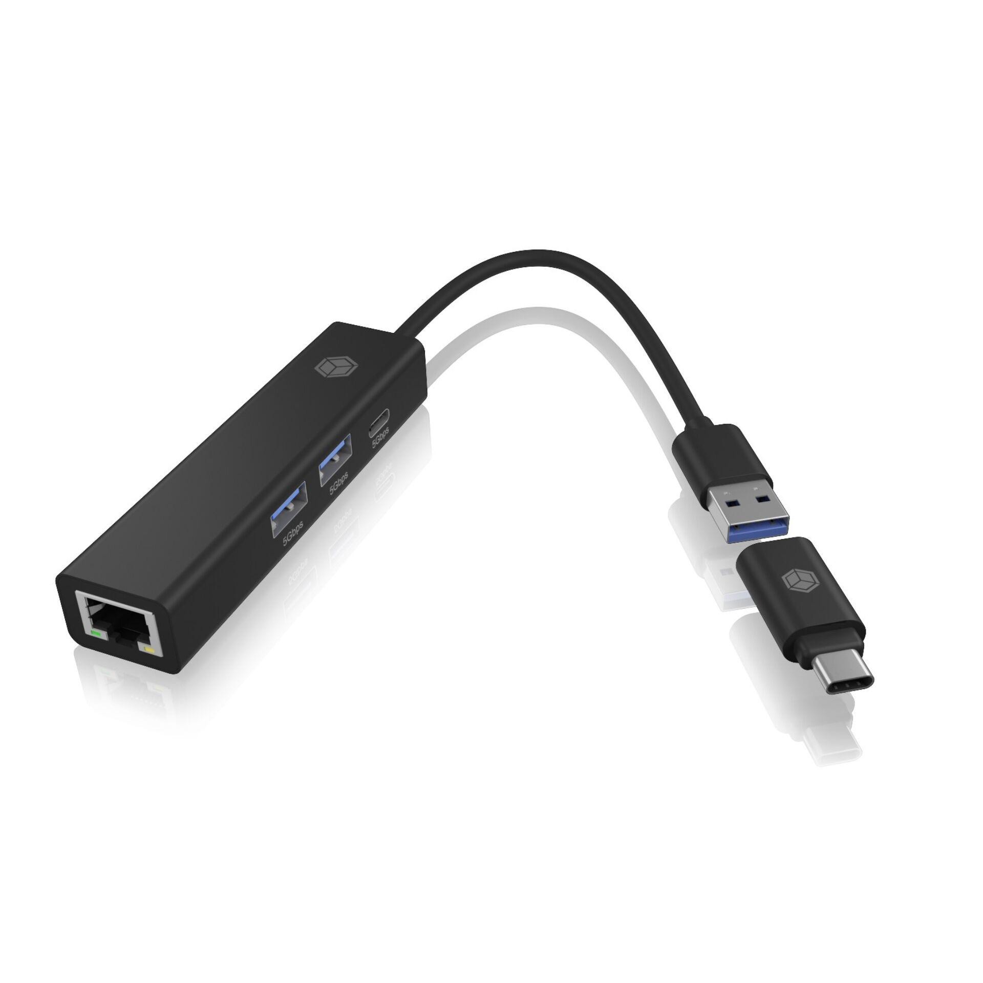 ICY BOX IB-HUB1439-LAN Avec fil USB 3.2 Gen 1 (3.1 Gen 1) Type-A Noir