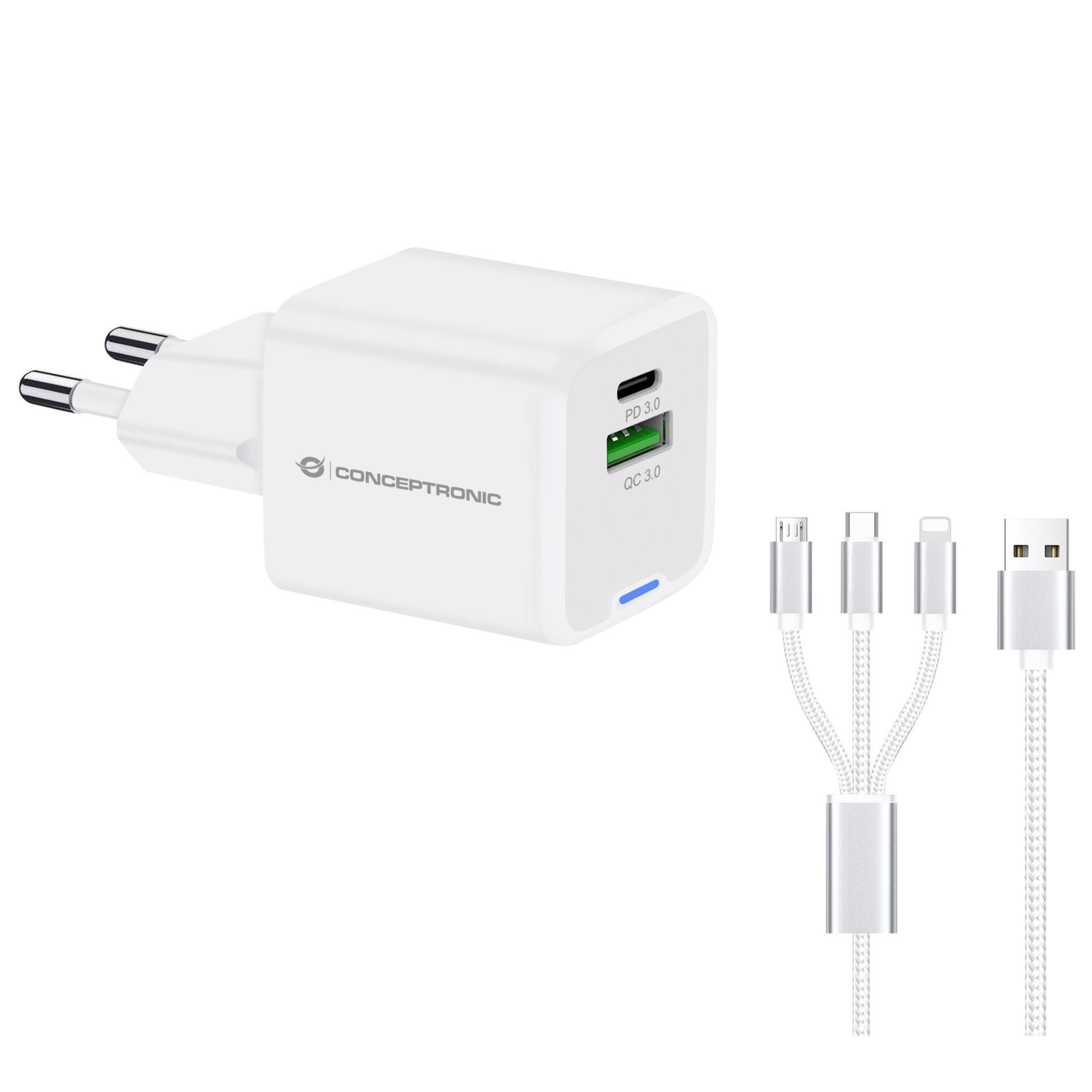 Conceptronic 2-Port 33W GaN USB PD Charger with 3-in-1 Charging Cable,