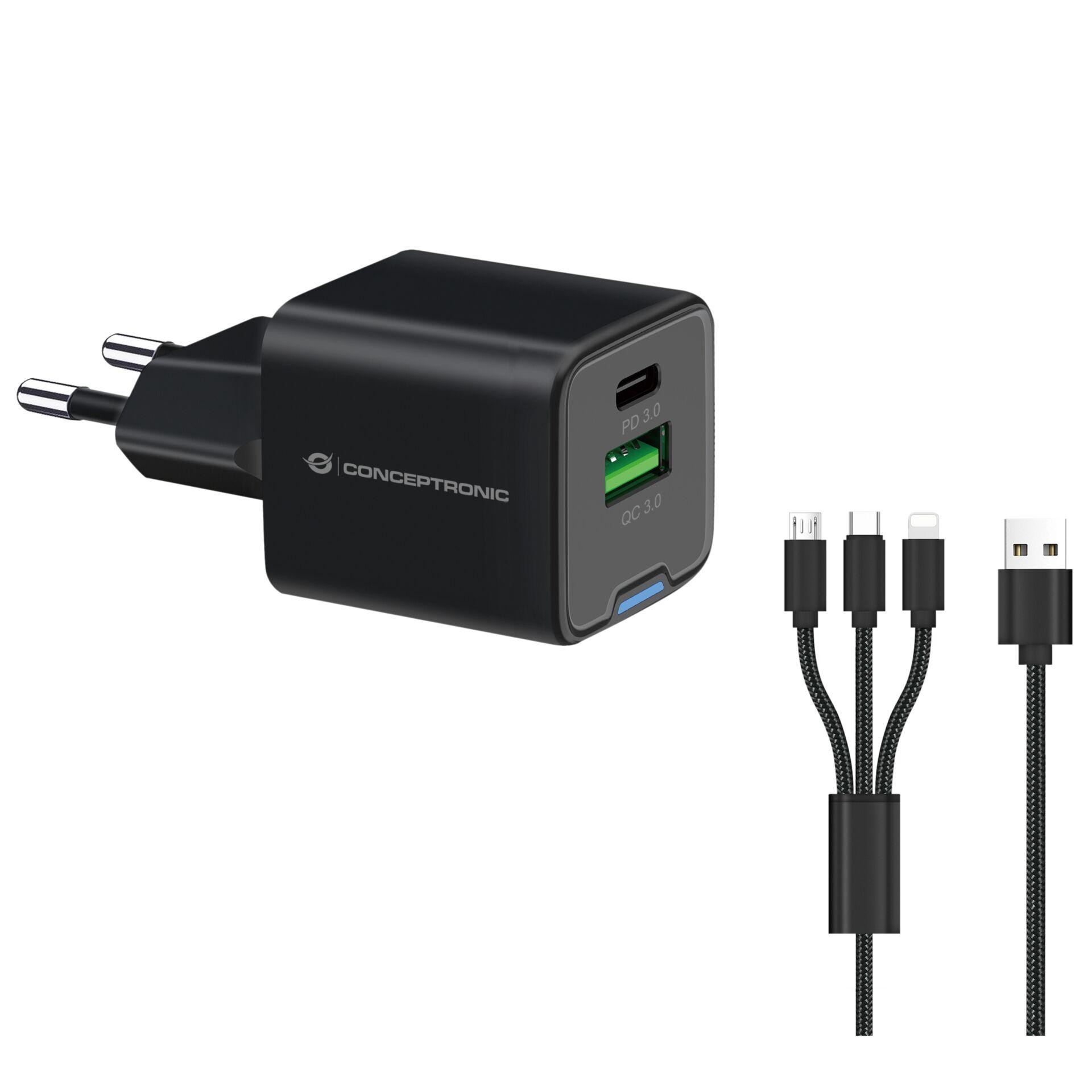 Conceptronic 2-Port 33W GaN USB PD Charger with 3-in-1 Charging Cable,