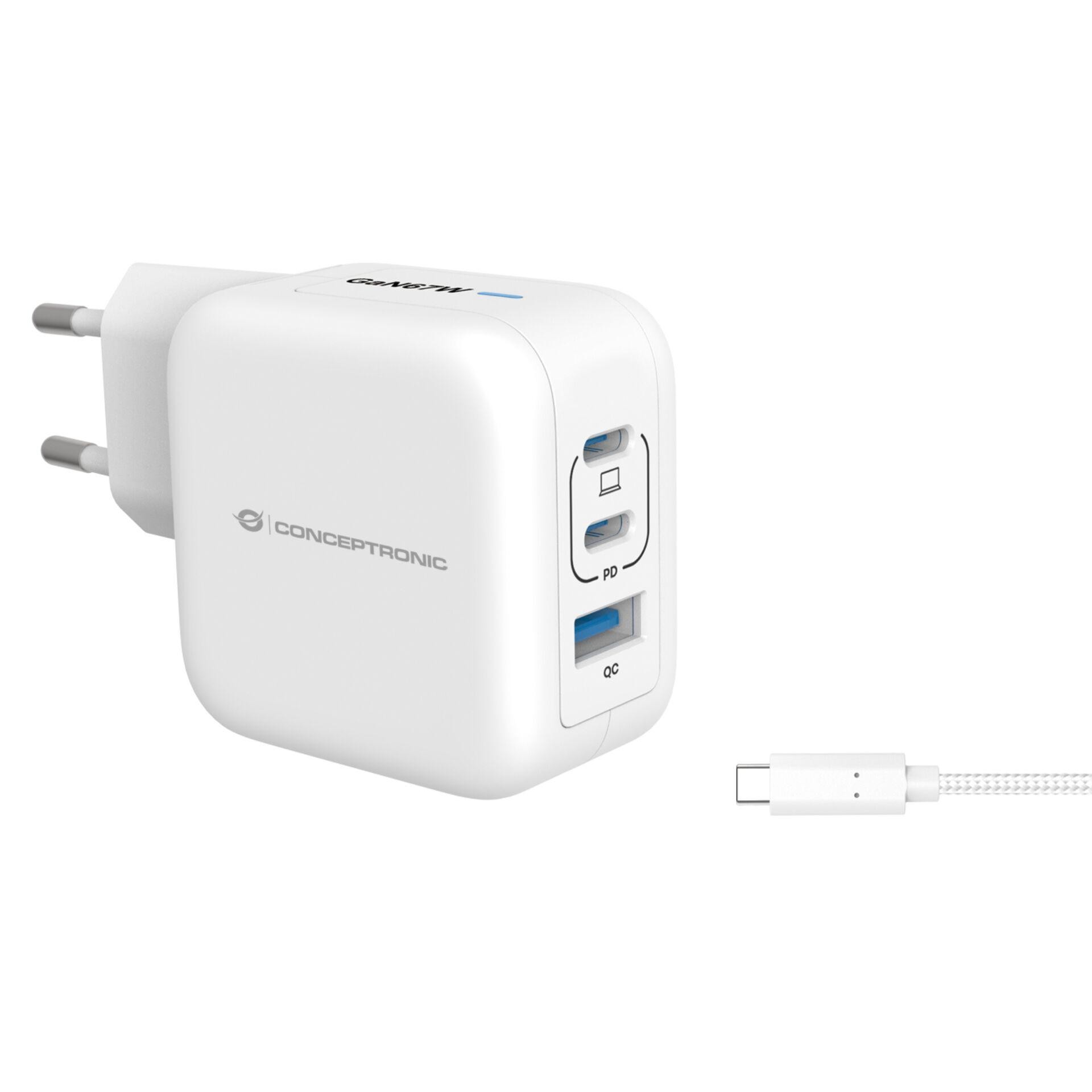 Conceptronic 3-Port 67W GaN USB PD Charger with USB-C Charging Cable,