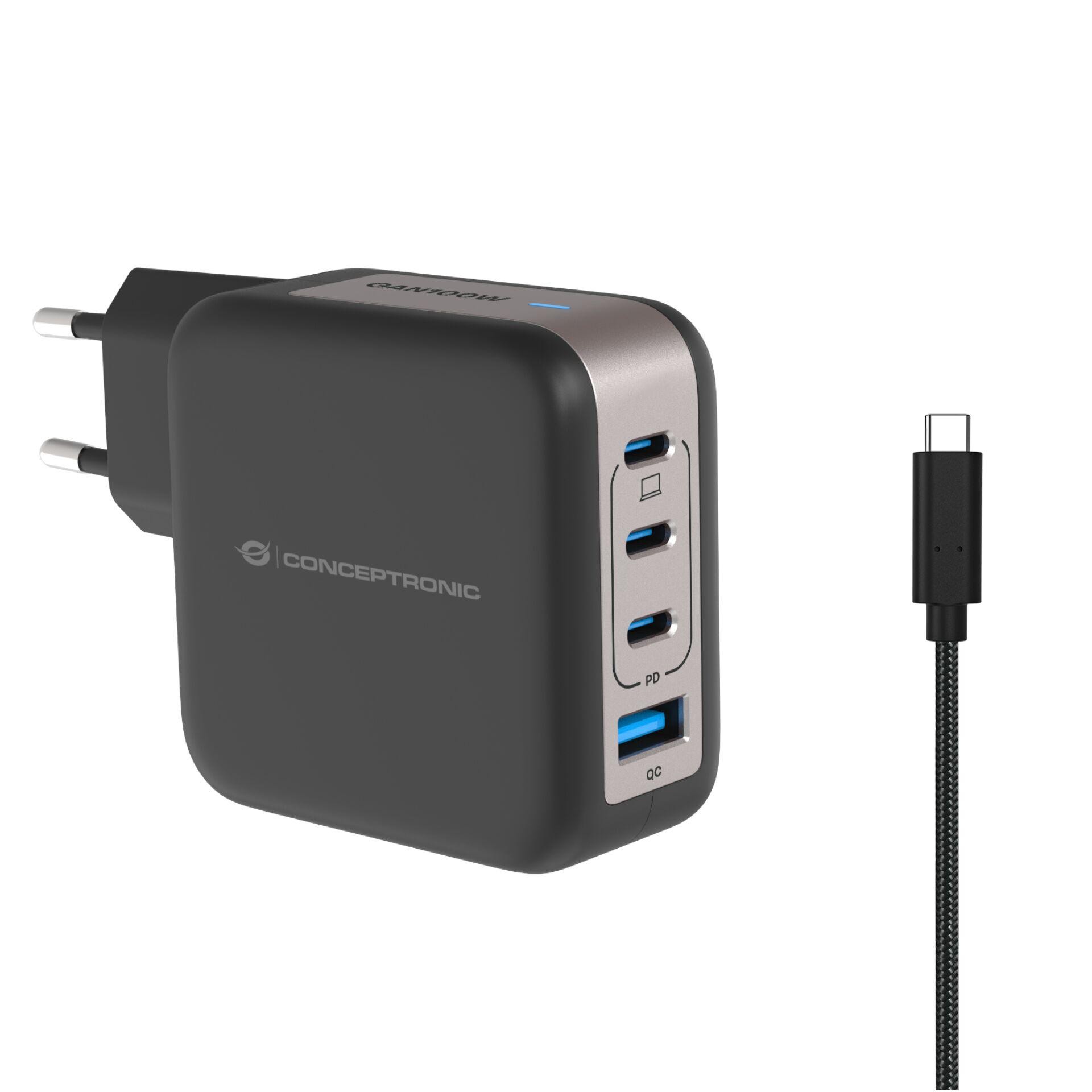 Conceptronic 4-Port 100W GaN USB PD Charger with USB-C Charging Cable,