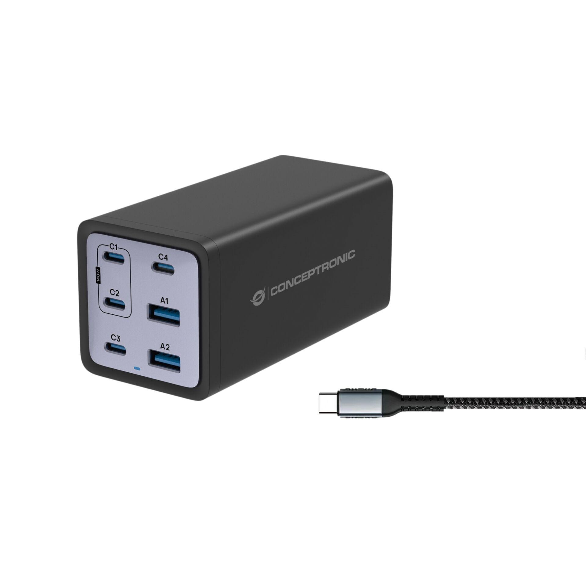 Conceptronic 6-Port 200W GaN USB PD Charger with USB-C Charging Cable,