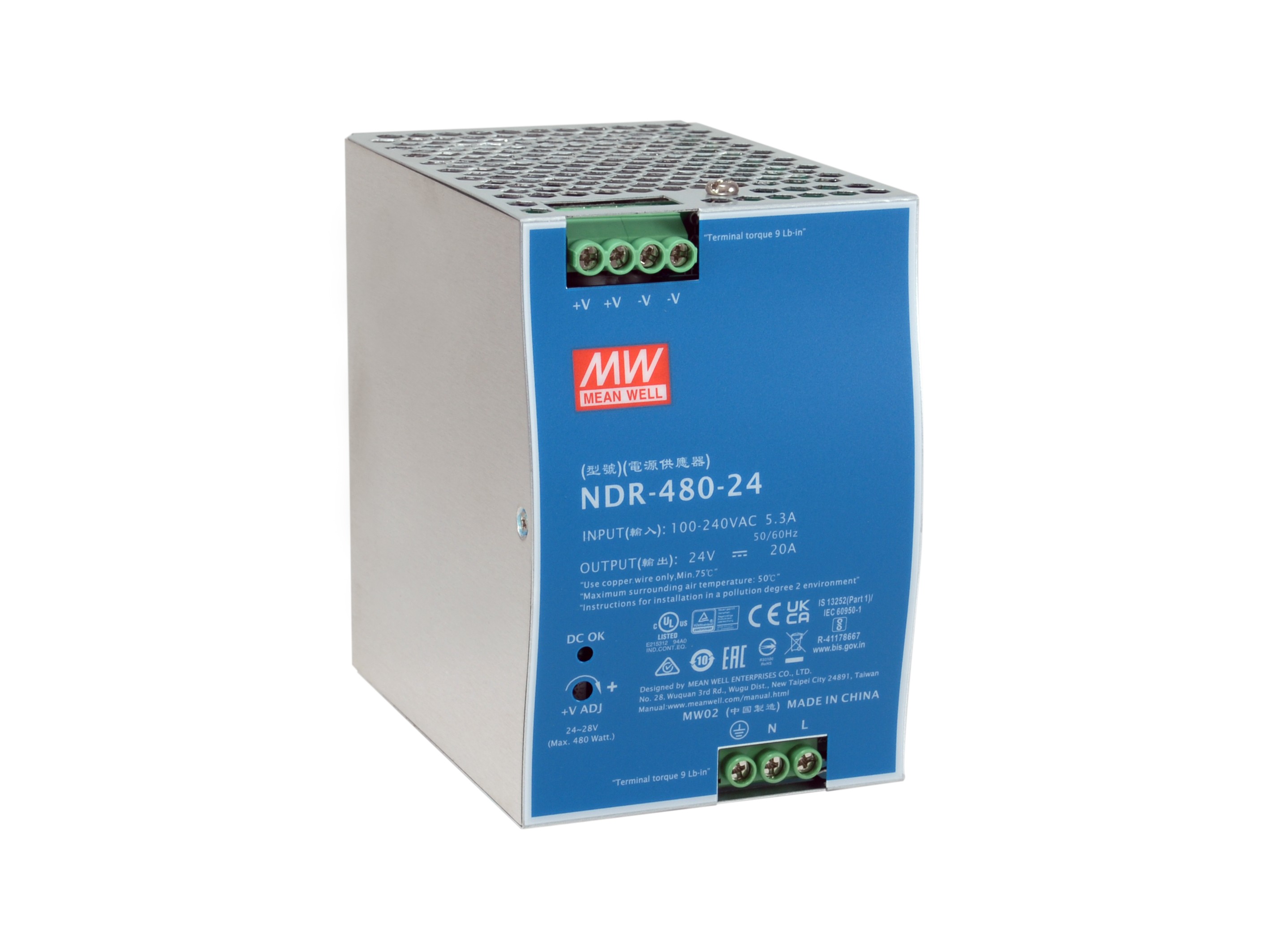 LevelOne 24V DC Industrial Power Supply, 480W, DIN-Rail,-20 ~ +70