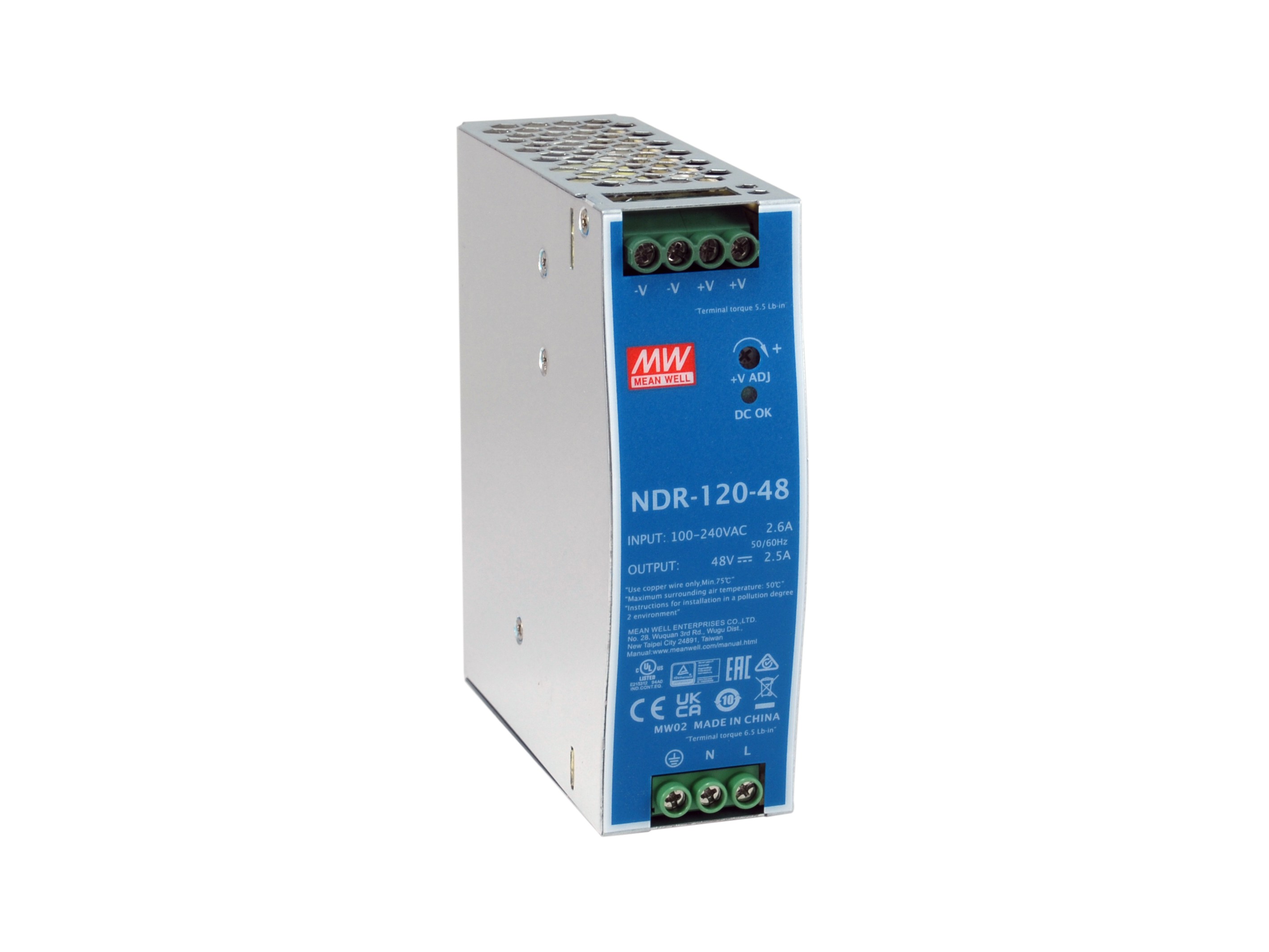 LevelOne 48V DC Industrial Power Supply, 120W, DIN-Rail,-20 ~ +70