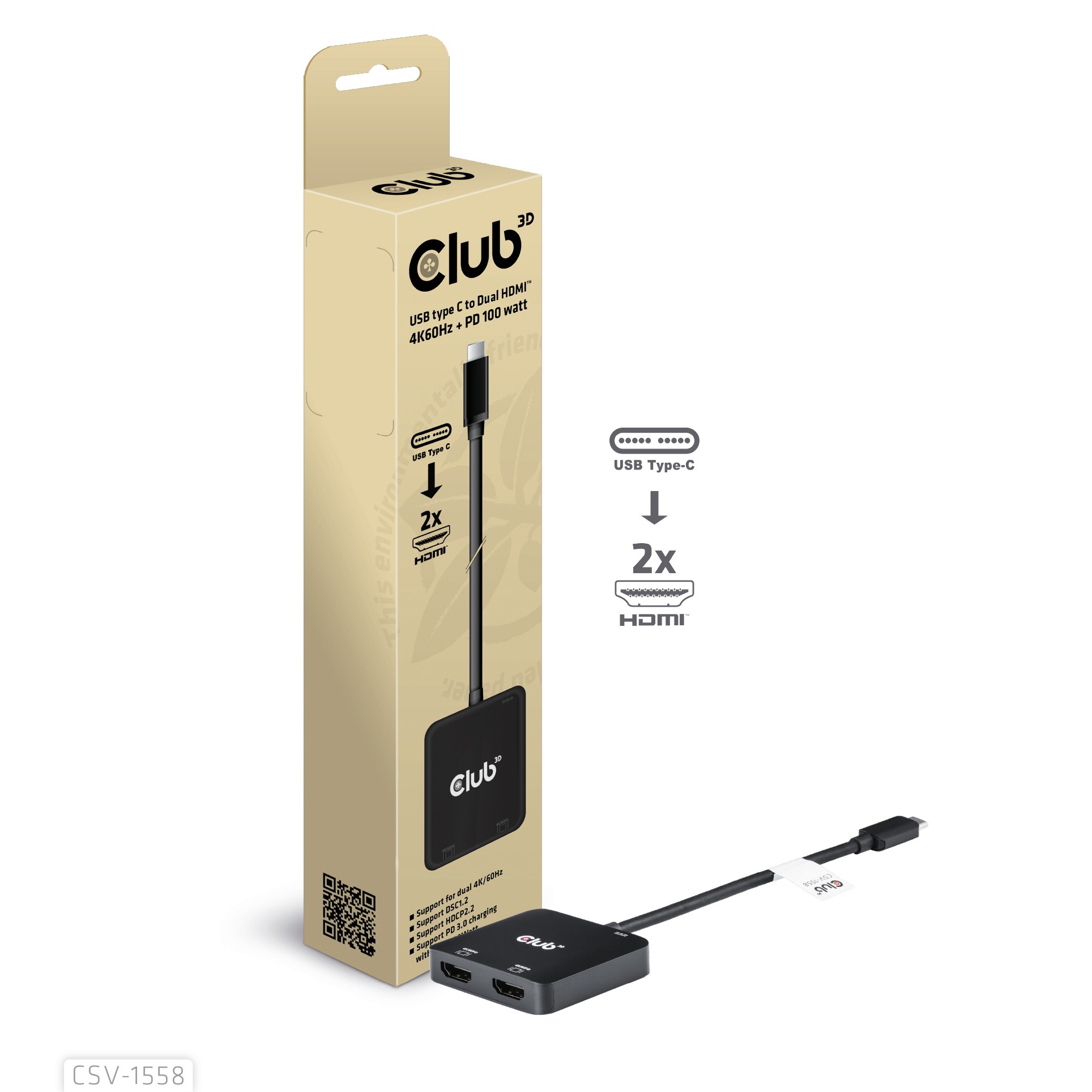 CLUB3D USB-C Hub to Dual HDMI 4K60Hz M/F+PD3.0 100 Watt - CLUB3D