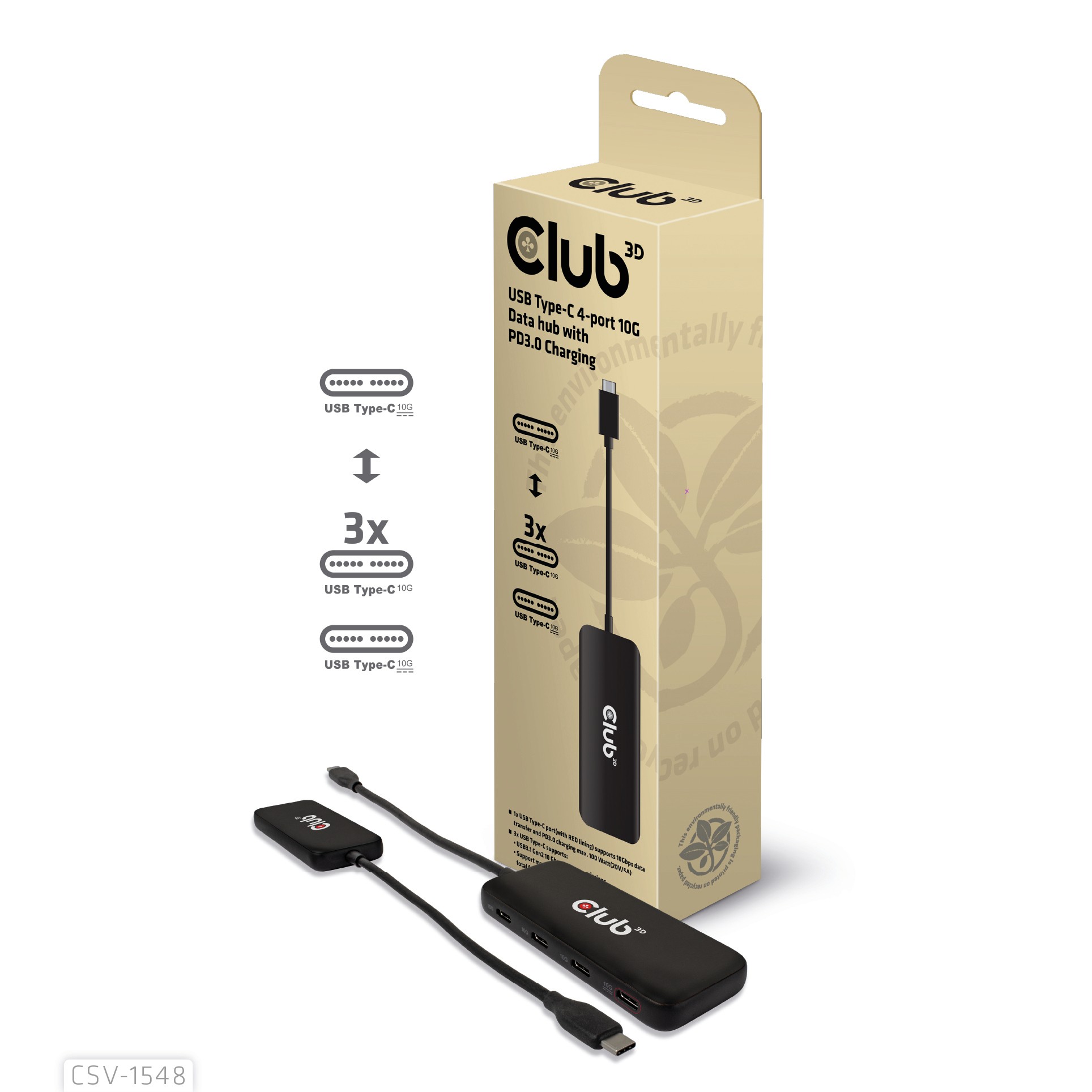 CLUB3D USB Type-C 4-port 10G Data hub with PD3.0 Charging - CLUB3D