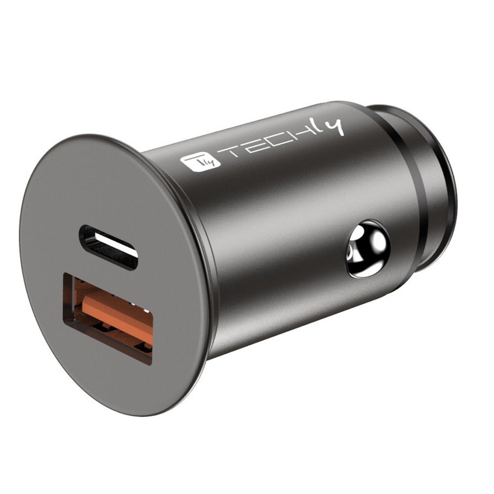 Techly Mini Car Charger USB-A and USB-C Quick Charge 3.0 38W in Black