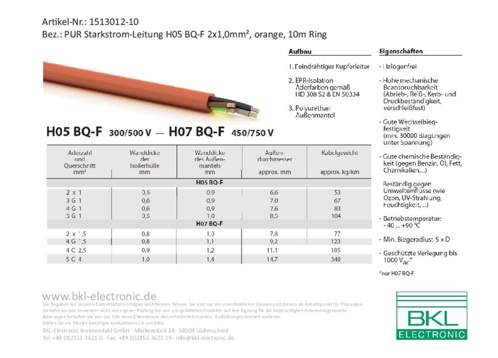BKL Electronic 1513012-10 Starkstromcâble H05BQ-F 2 x 1mm² Orange