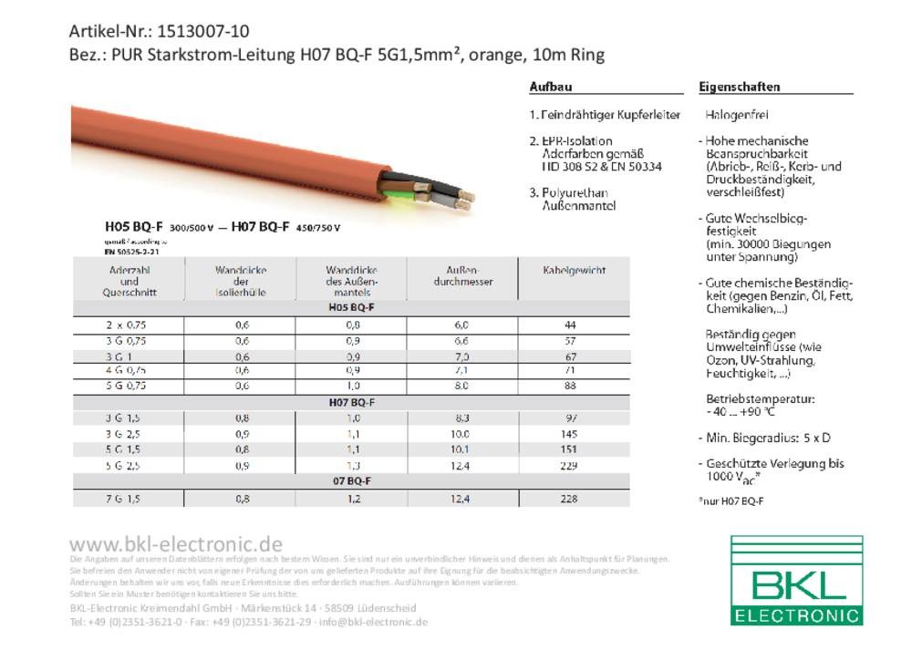 BKL Electronic 1513007-10 Starkstromkabel H07BQ-F 5G 1.5mm² Orange