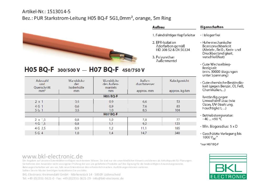 BKL Electronic 1513014-5 Starkstromcâble H05BQ-F 5G 1mm² Orange 5m