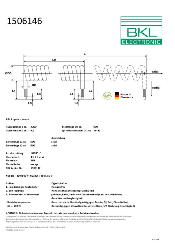 BKL Electronic 1506146 Spiralkabel H07BQ-F 800mm / 3200mm 4G 1.5mm²
