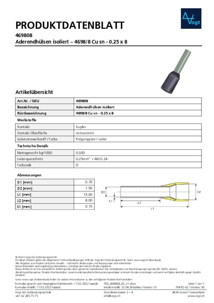 Vogt Verbindungstechnik 469808 Aderendhülse 0.25mm² Teilisoliert