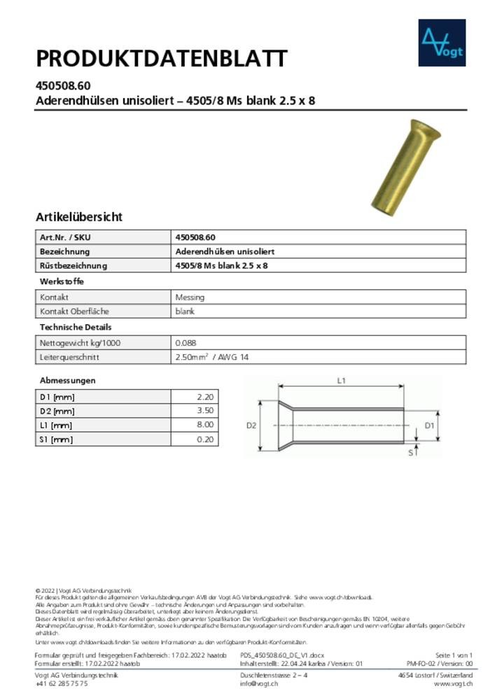 Vogt Verbindungstechnik 450508.60 Aderendhülse 2.50mm² Unisoliert